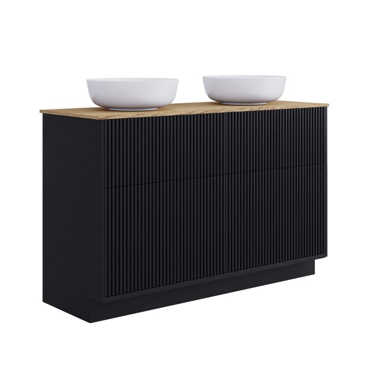 1250mm Black Wooden Freestanding Countertop Double Vanity Unit with Wood Effect Worktop and Round Basin - Matira