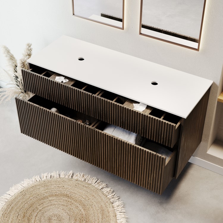 1250mm Walnut Wood Effect Fluted Wall Hung Double Countertop Vanity Unit – Matira