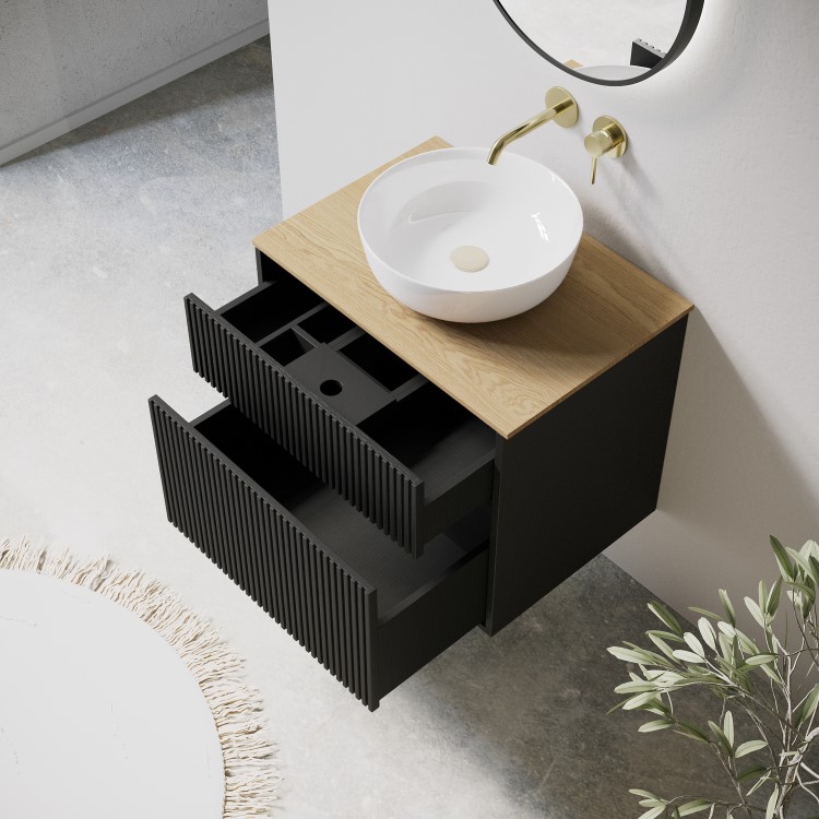650mm Black Wooden Fluted Wall Hung Countertop Vanity Unit with Wood Effect Worktop and Round Basin - Matira