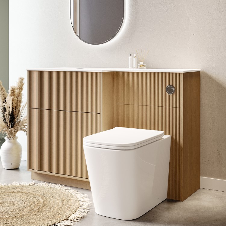 1150mm Wooden Fluted Left Hand Toilet and Sink Unit with Square Toilet and Chrome Fittings - Matira