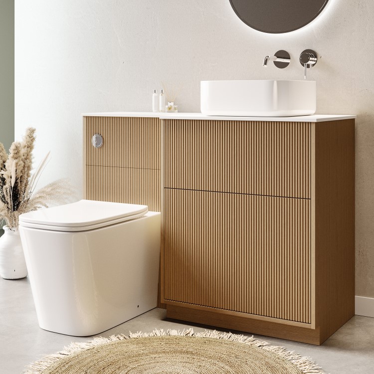 1150mm Wooden Fluted Right Hand Toilet and Sink Unit with Square Toilet and Chrome Fittings - Matira