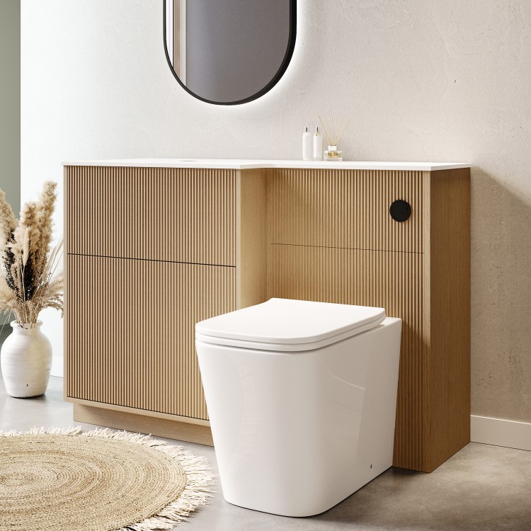 1150mm Wooden Fluted Left Hand Toilet and Sink Unit with Square Toilet and Black Push Button - Matira