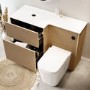1150mm Wooden Fluted Left Hand Toilet and Sink Unit with Square Toilet and Black Push Button - Matira