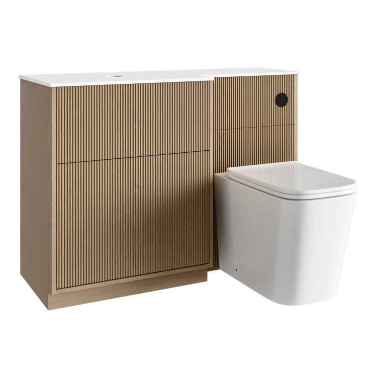 1150mm Wooden Fluted Left Hand Toilet and Sink Unit with Square Toilet and Black Push Button - Matira