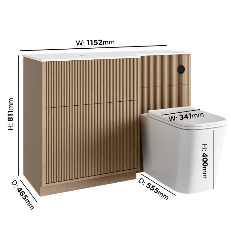 1150mm Wooden Fluted Left Hand Toilet and Sink Unit with Square Toilet and Black Push Button - Matira