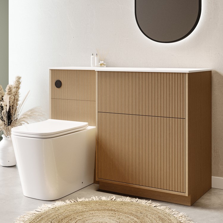 1150mm Wooden Fluted Right Hand Toilet and Sink Unit with Square Toilet and Black Push Button - Matira