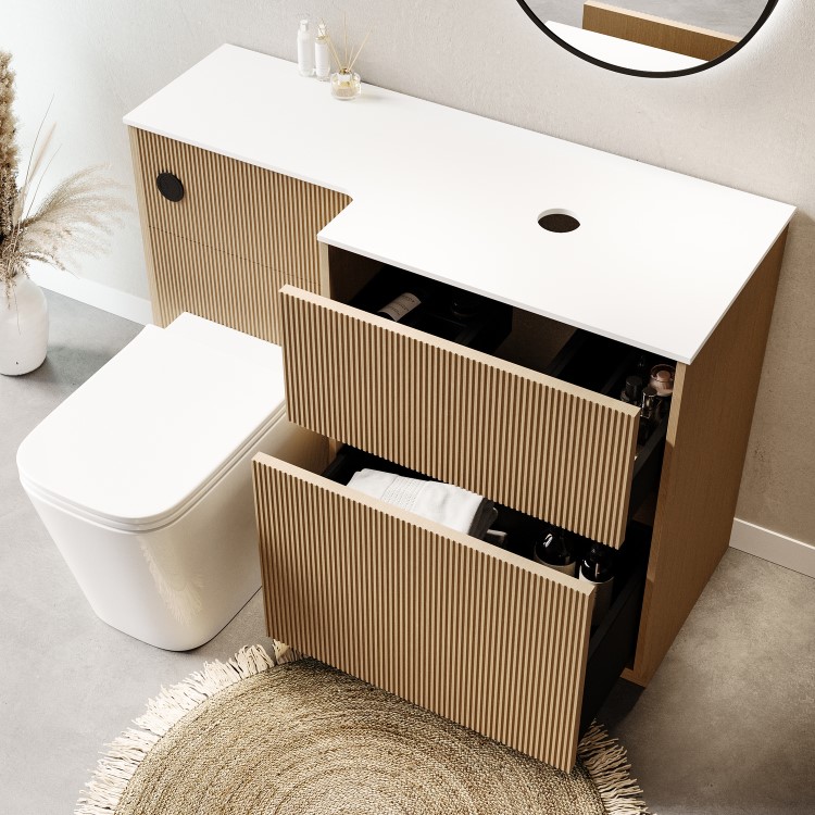 1150mm Wooden Fluted Right Hand Toilet and Sink Unit with Square Toilet and Black Push Button - Matira