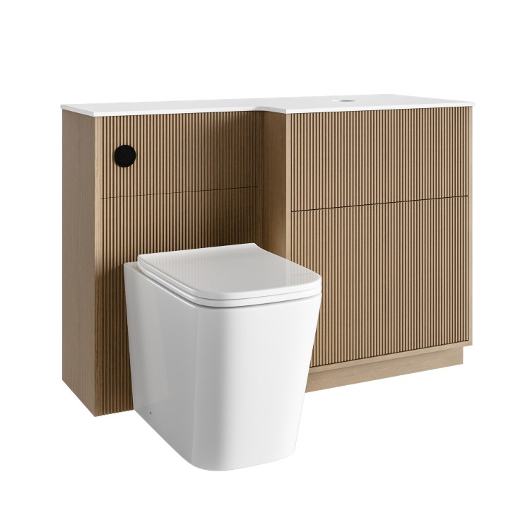 1150mm Wooden Fluted Right Hand Toilet and Sink Unit with Square Toilet and Black Push Button - Matira