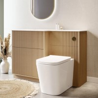 1150mm Wooden Fluted Left Hand Toilet and Sink Unit with Square Toilet and Brass Push Button - Matira