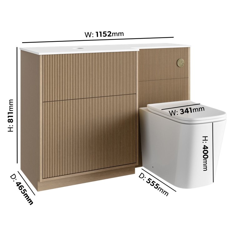 1150mm Wooden Fluted Left Hand Toilet and Sink Unit with Square Toilet and Brass Push Button - Matira