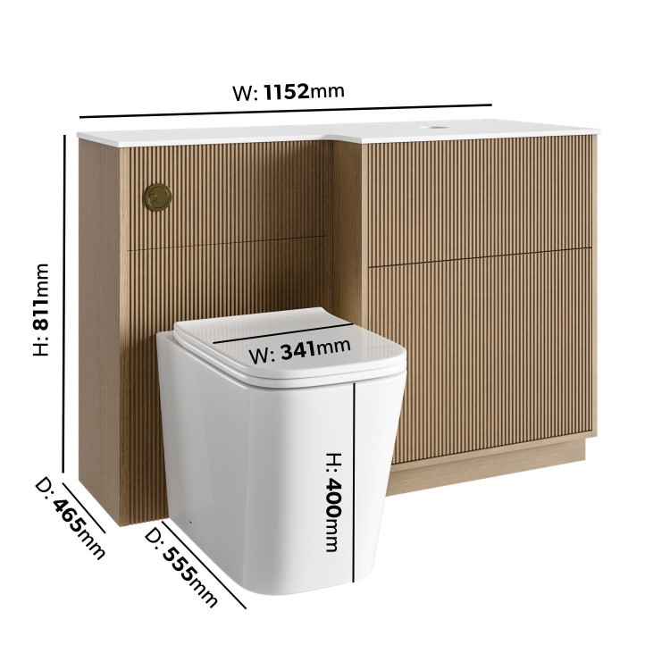 1150mm Wooden Fluted Right Hand Toilet and Sink Unit with Square Toilet and Brass Push Button - Matira