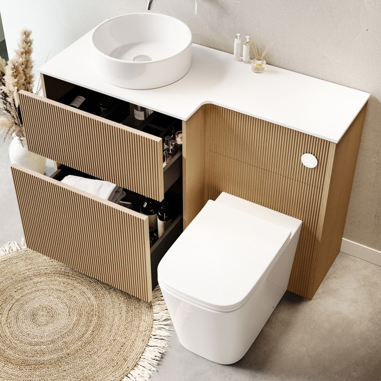 1150mm Wooden Fluted Left Hand Toilet and Sink Unit with Square Toilet & Basin and Chrome Push Button - Matira