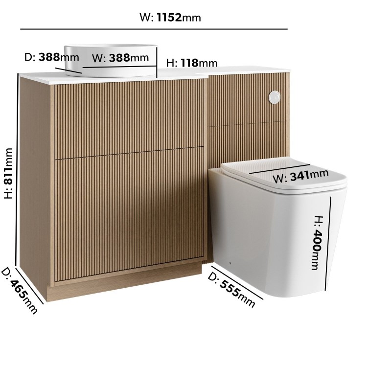 1150mm Wooden Fluted Left Hand Toilet and Sink Unit with Square Toilet & Basin and Chrome Push Button - Matira