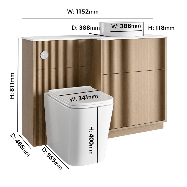1150mm Wooden Fluted Right Hand Toilet and Sink Unit with Square Toilet & Basin and Chrome Push Button - Matira