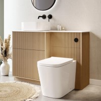 1150mm Wooden Fluted Left Hand Toilet and Sink Unit with Square Toilet & Basin and Black Push Button - Matira