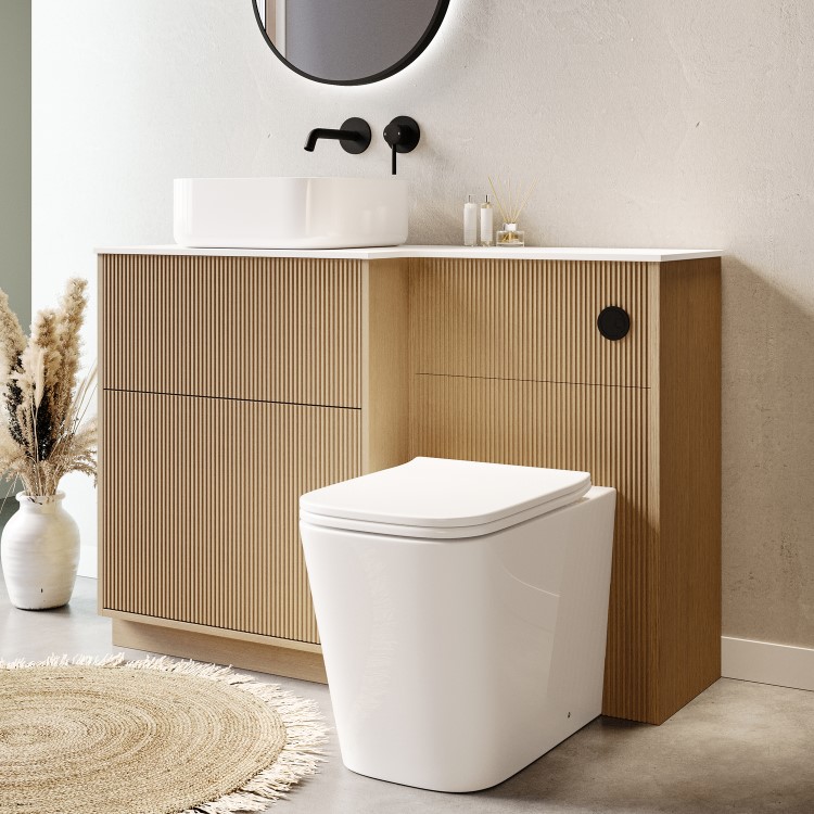 1150mm Wooden Fluted Left Hand Toilet and Sink Unit with Square Toilet & Basin and Black Push Button - Matira