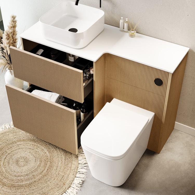 1150mm Wooden Fluted Left Hand Toilet and Sink Unit with Square Toilet & Basin and Black Push Button - Matira