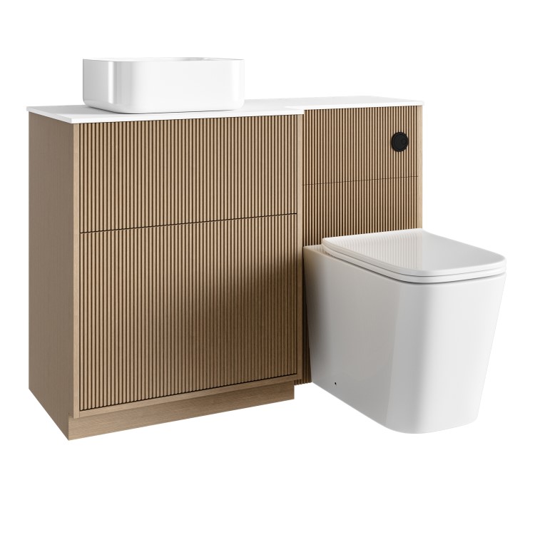 1150mm Wooden Fluted Left Hand Toilet and Sink Unit with Square Toilet & Basin and Black Push Button - Matira