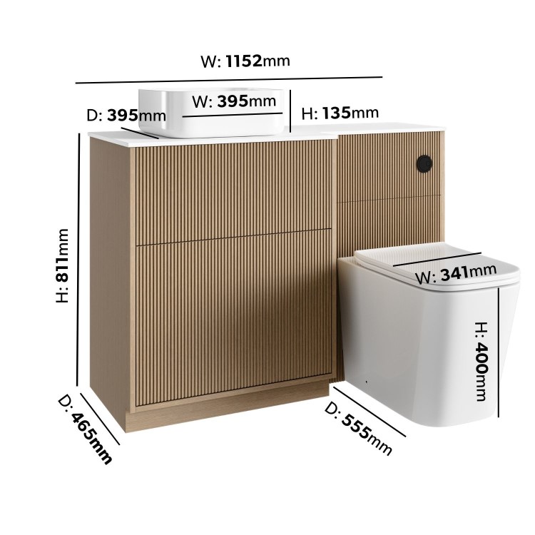 1150mm Wooden Fluted Left Hand Toilet and Sink Unit with Square Toilet & Basin and Black Push Button - Matira