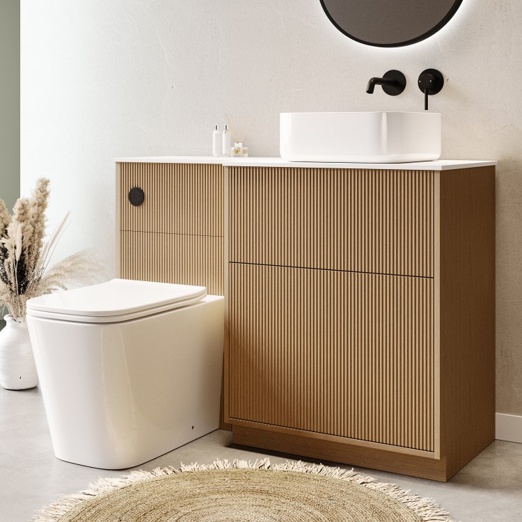 1150mm Wooden Fluted Right Hand Toilet and Sink Unit with Square Toilet & Basin and Black Push Button - Matira