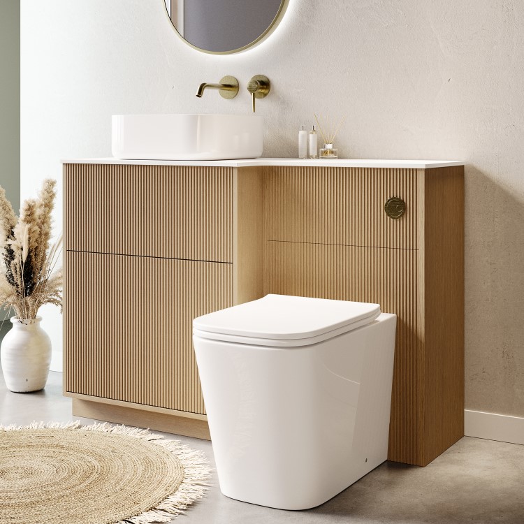 1150mm Wooden Fluted Left Hand Toilet and Sink Unit with Square Toilet & Basin and Brass Push Button - Matira
