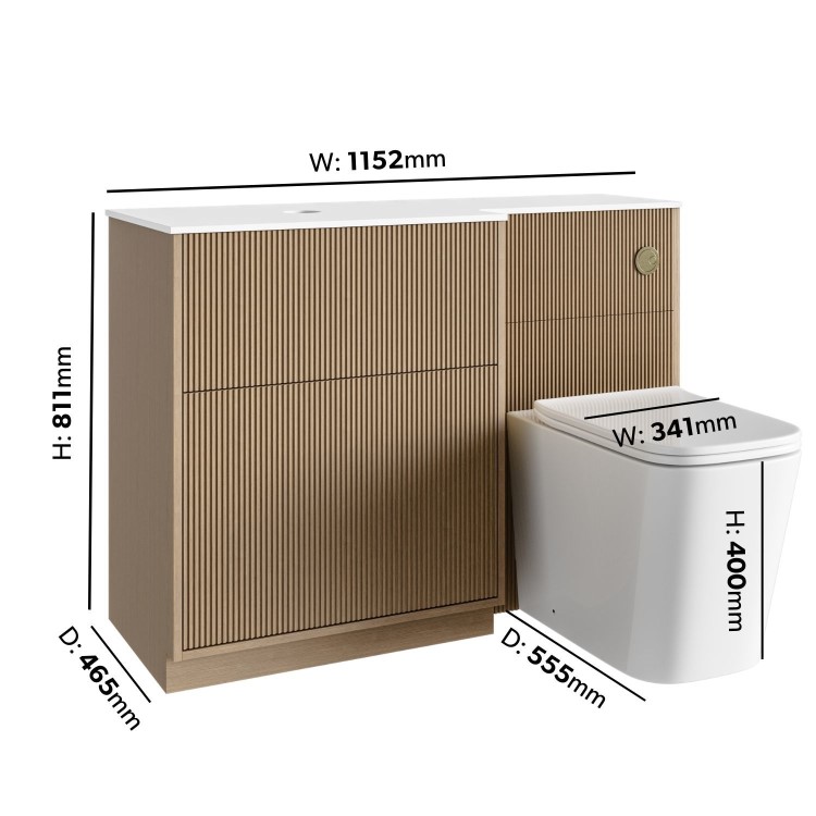 1150mm Wooden Fluted Left Hand Toilet and Sink Unit with Square Toilet & Basin and Brass Push Button - Matira