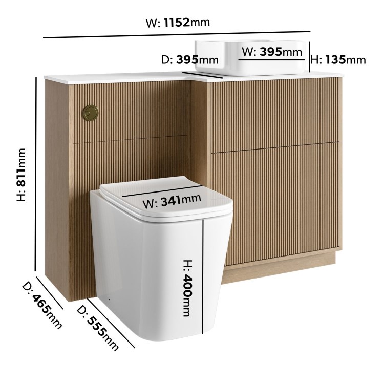1150mm Wooden Fluted Right Hand Toilet and Sink Unit with Square Toilet & Basin and Brass Push Button - Matira