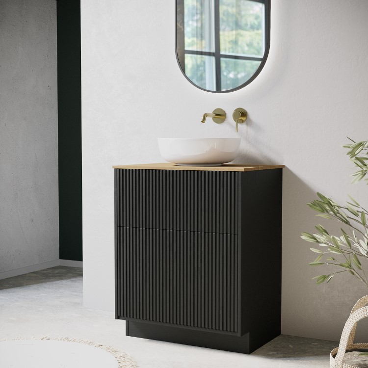 650mm Black Wooden Freestanding Countertop Vanity Unit with Wood Effect Worktop and Round Basin- Matira