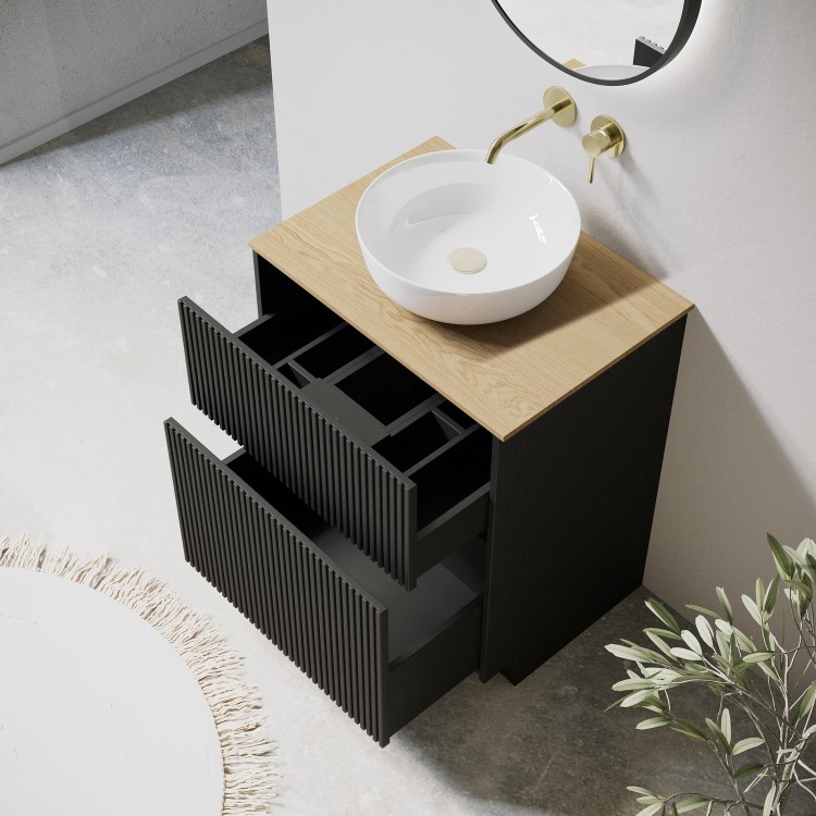 650mm Black Wooden Freestanding Countertop Vanity Unit with Wood Effect Worktop and Round Basin- Matira