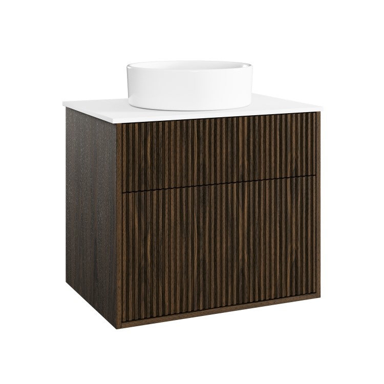 650mm Walnut Wood Effect Fluted Wall Hung Countertop Vanity Unit with Basin – Matira
