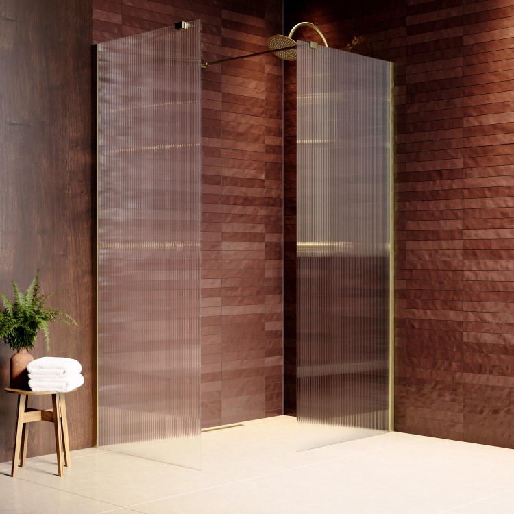 1400x900mm Brushed Brass Ribbed / Fluted Glass Double Shower Screen for Wet Room & Walk In Shower - Matira