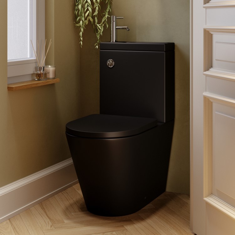 Matt Black Close Coupled Closed Back Toilet with Chrome Fittings & Sink on Top - Legend