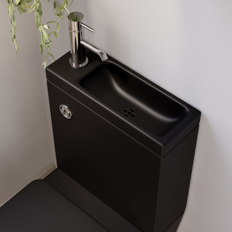 Matt Black Close Coupled Closed Back Toilet with Chrome Fittings & Sink on Top - Legend