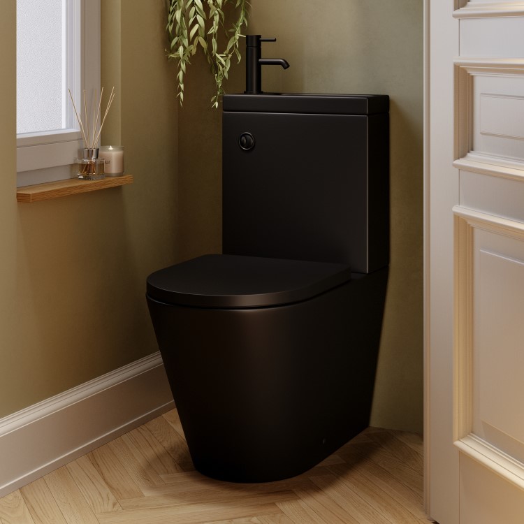 Matt Black Close Coupled Closed Back Toilet with Black Fittings & Sink on Top - Legend