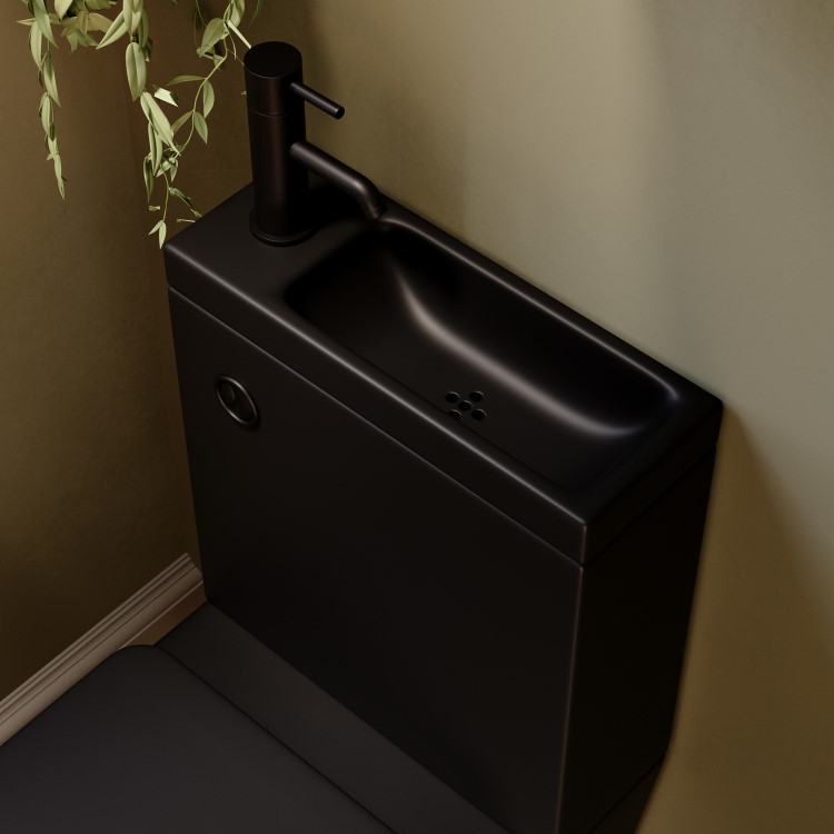 Matt Black Close Coupled Closed Back Toilet with Black Fittings & Sink on Top - Legend