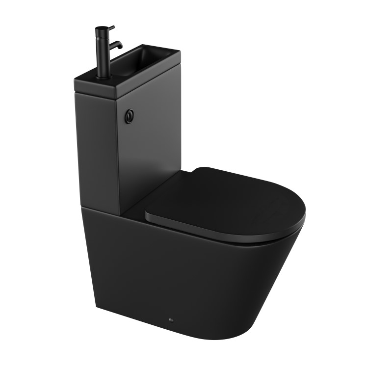 Matt Black Close Coupled Closed Back Toilet with Black Fittings & Sink on Top - Legend