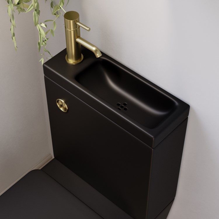 Matt Black Close Coupled Closed Back Toilet with Brass Fittings & Sink on Top - Legend