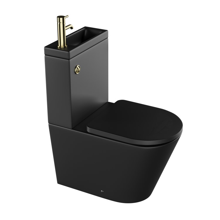 Matt Black Close Coupled Closed Back Toilet with Brass Fittings & Sink on Top - Legend