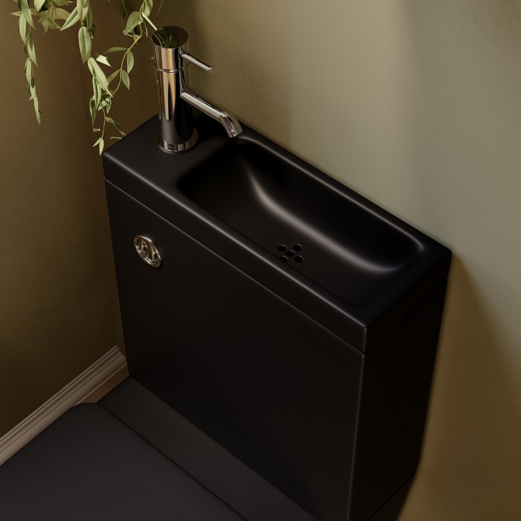 Matt Black Close Coupled Closed Back Toilet with Sink on Top & Chrome Fittings Cloakroom Suite - Legend