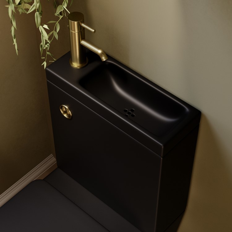 Matt Black Close Coupled Closed Back Toilet with Brass Fittings & Sink on Top - Legend