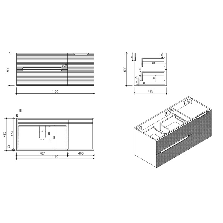 1200mm Blue Fluted Wall Hung Countertop Vanity Unit - Melbourne