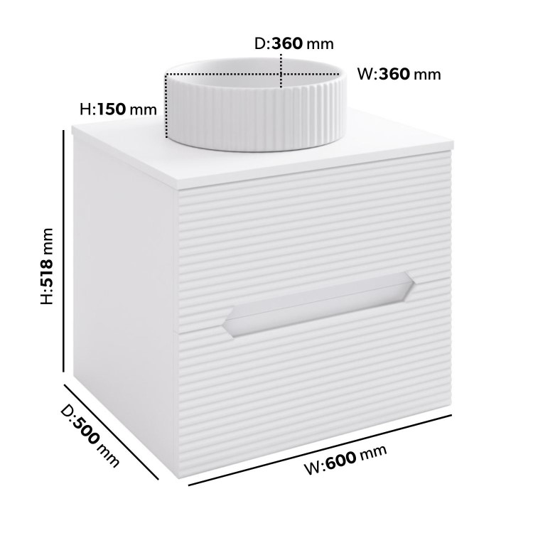 600mm White Fluted Wall Hung Countertop Vanity Unit with Basin - Melbourne 
