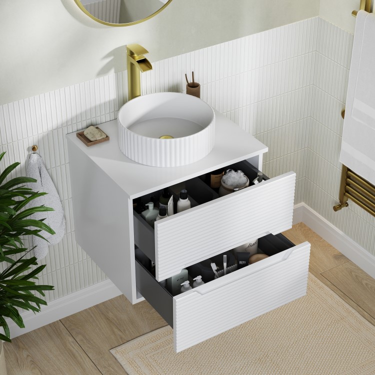 600mm White Fluted Wall Hung Countertop Vanity Unit with Basin - Melbourne