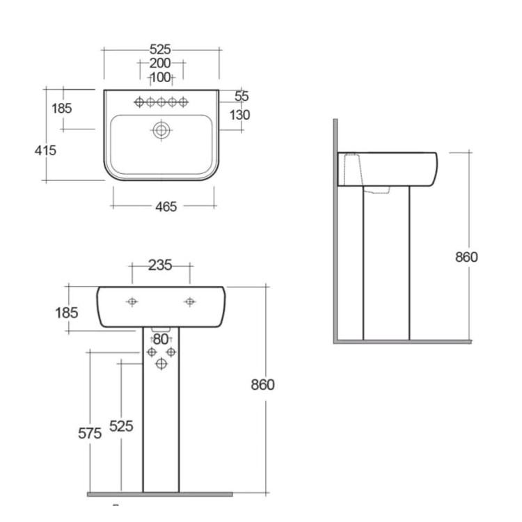 Rak Ceramics Rectangular Pedestal Basin 520mm  1 Tap Hole
