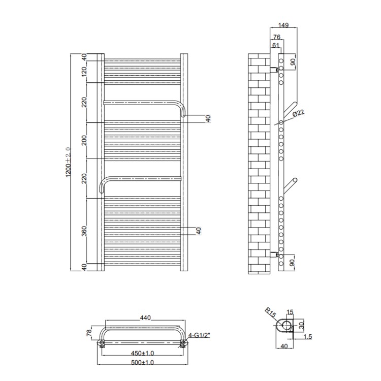 Brass Towel Radiator 1200 x 500mm - Nazco