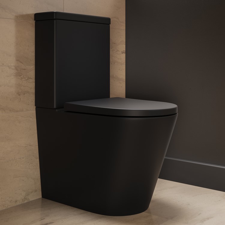 Matt Black Close Coupled Rimless Closed Back Short Projection Toilet with Brushed Brass Button and Tornado Flush - Newport