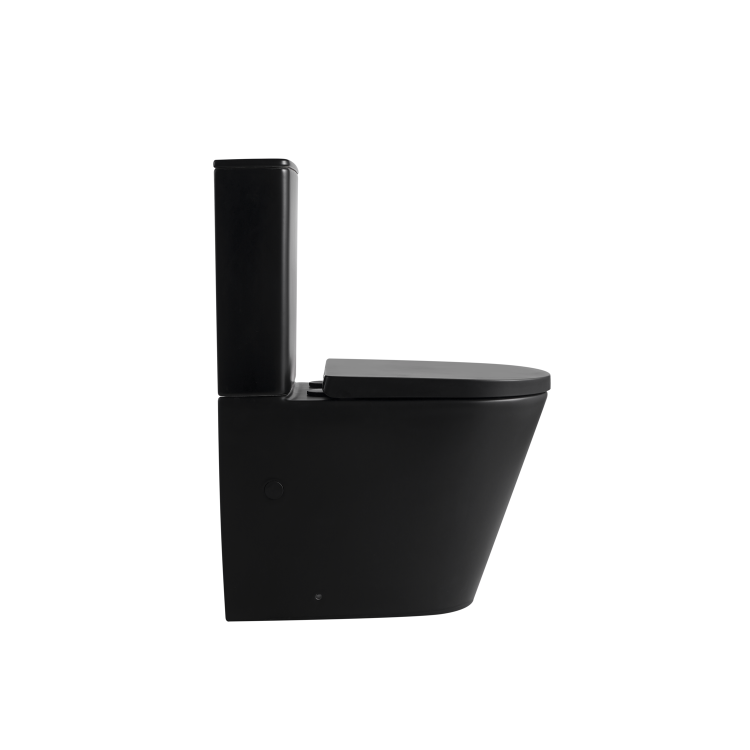 Matt Black Close Coupled Rimless Closed Back Short Projection Toilet with Brushed Brass Button and Tornado Flush - Newport