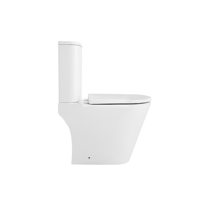 Close Coupled Rimless Open Back Short Projection Toilet with Brushed Brass Button and Tornado Flush - Newport