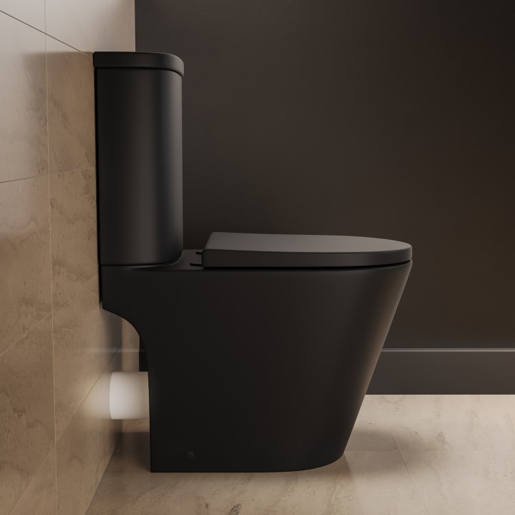 Matt Black Close Coupled Rimless Open Back Short Projection Toilet with Brushed Brass Button and Tornado Flush - Newport