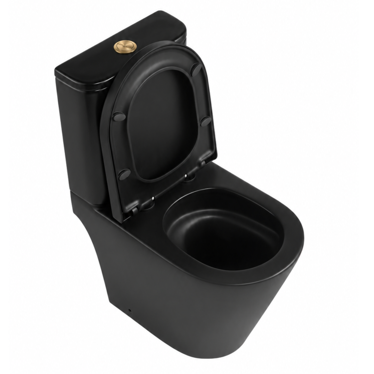 Matt Black Close Coupled Rimless Open Back Short Projection Toilet with Brushed Brass Button and Tornado Flush - Newport